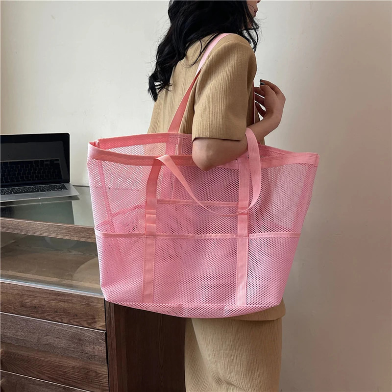 Portable Mesh Beach Bag For Women Makeup Travel Storage Wash Summer Swimming Bath Organizer Shopper 241203