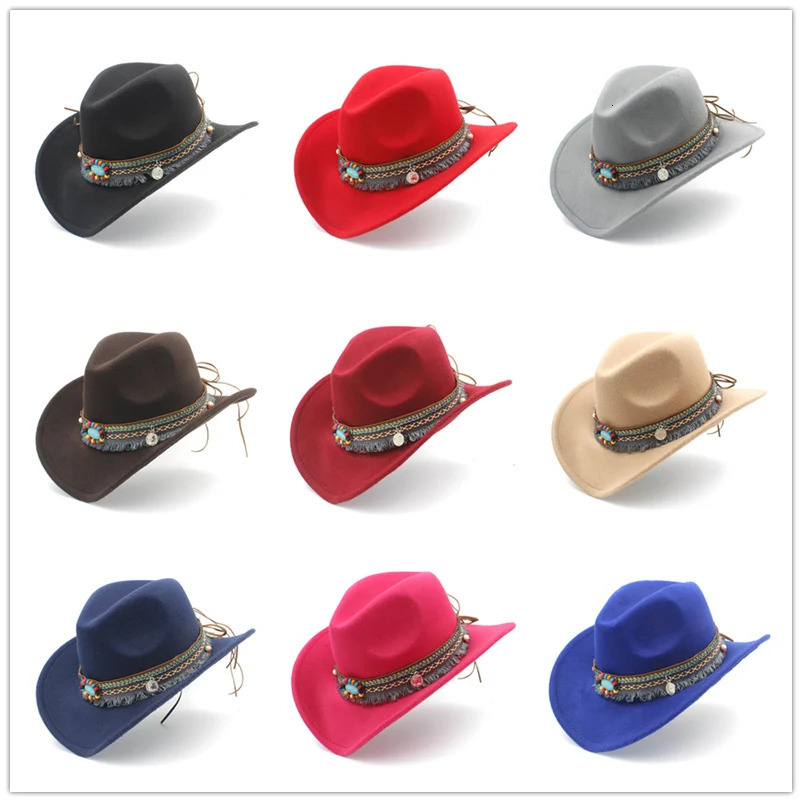 Womens wool hollow western denim tassel with elegant womens jazz denim girl jazz Toca straw hat size 56-58CM 241206