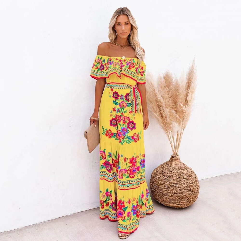 European American Spring and Summer One Shoulder Red wer Printed Long Swing Dress 2024 New Casual Fashion Trendy Clothing