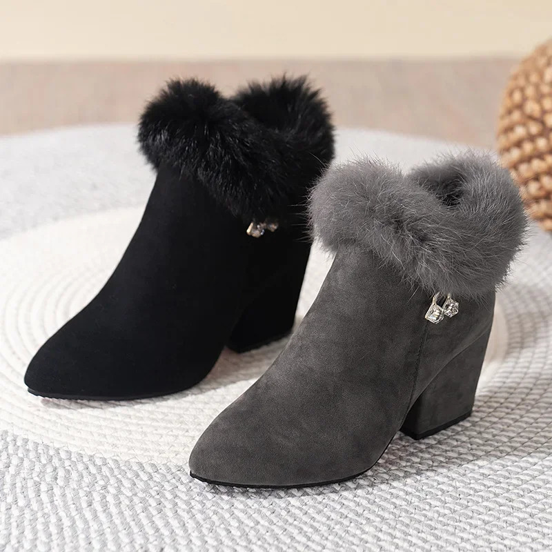 Womens fur winter warm ankle boots 2024 decoration zipper womens comfortable shoes 241206