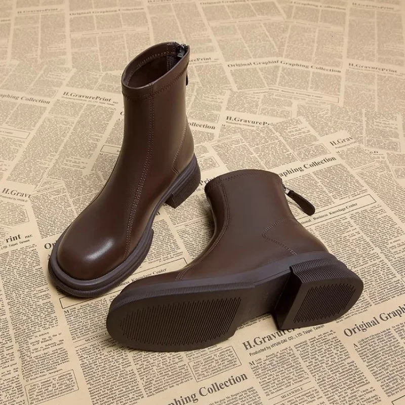 Black platform womens ankle boots fashionable soft leather shoes autumn thick short 241206