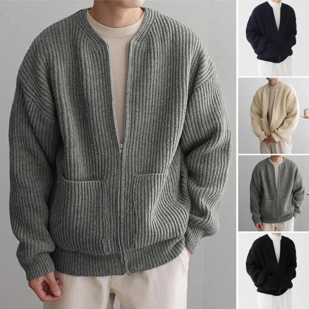 Mens long sleeved solid color zipper pocket thick warm cardigan loose autumn daily sweater jacket 241206