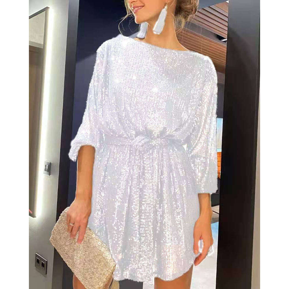 European and American Festival Party Fashion Shining Bead Color Waist Small Dress 2024 New Style Elegant Clothing