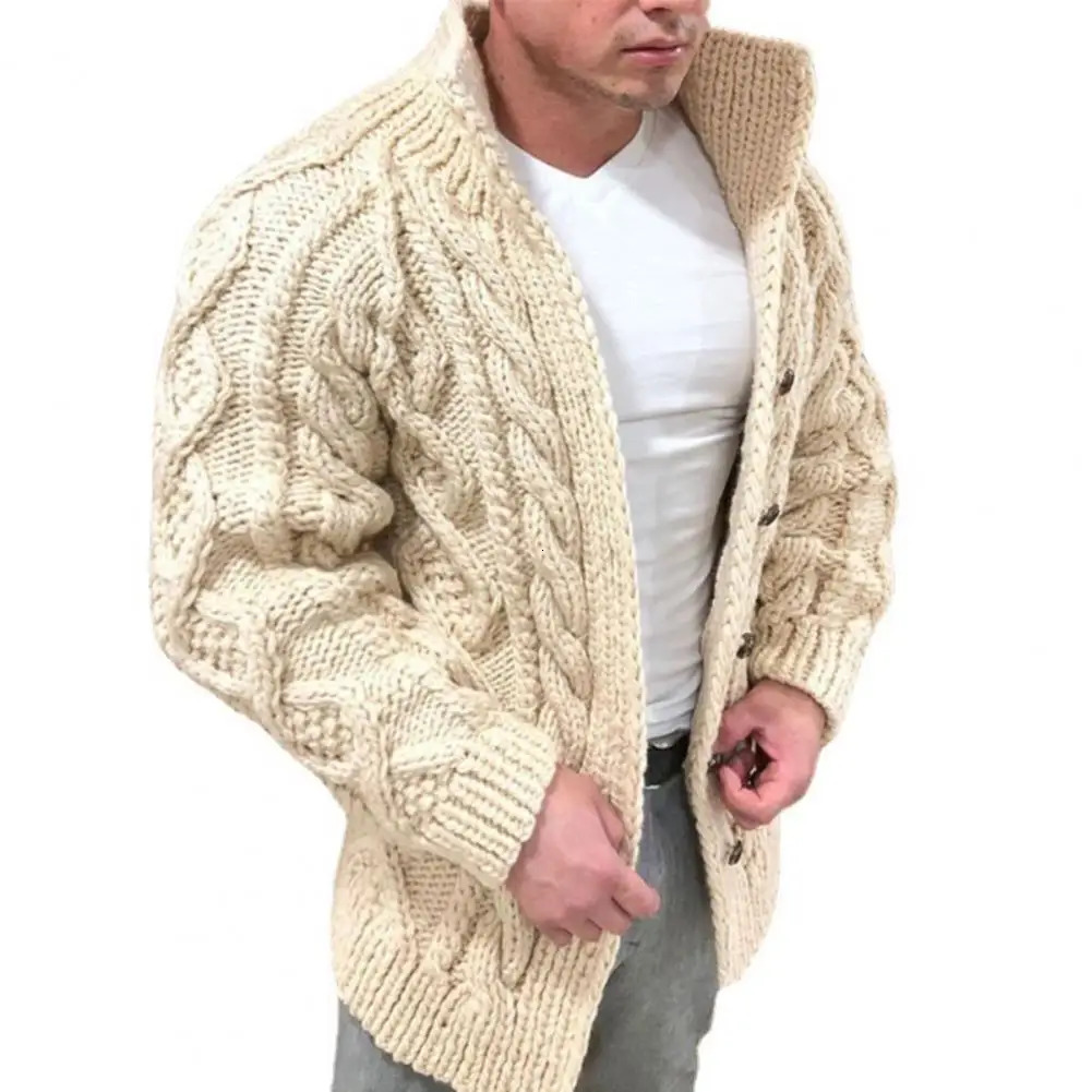 Winter and Autumn Mens Solid Color Knitted Sweater Button Open Woolen Warm Jacket Coat Long Sleeve Collar 241206