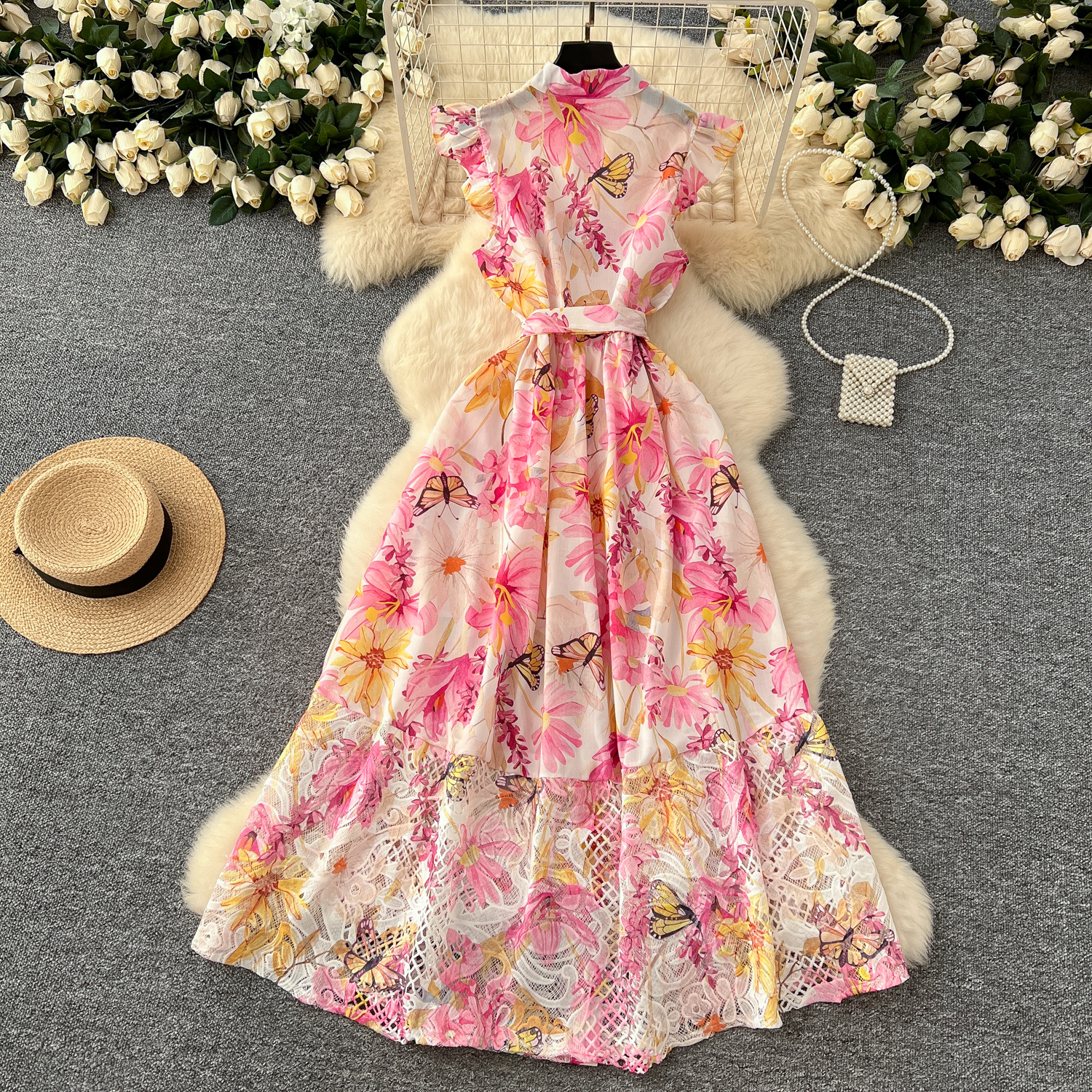 Casual Dresses Women Summer Gorgeous Flower Embroidery Lace Spliced Wedding Dress Women Ruffles Sleeve Colorful Belt Long Robe Holiday Party Vestidos 