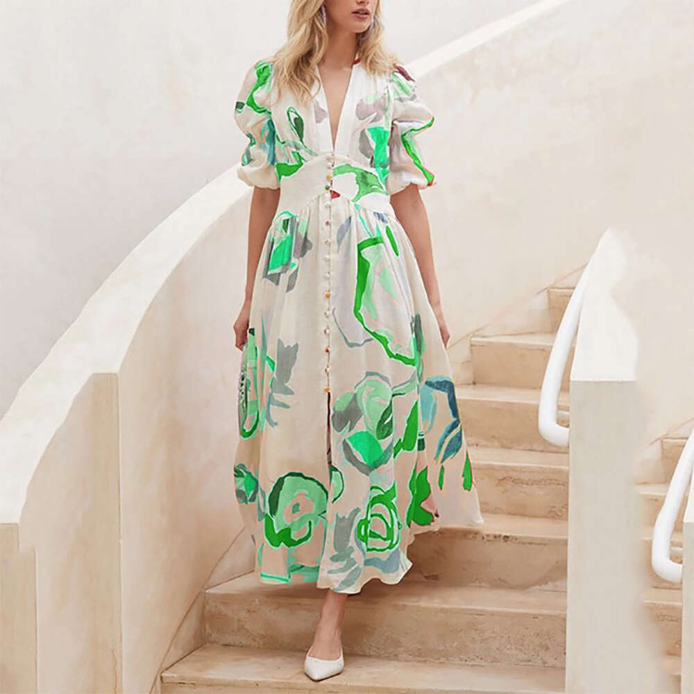 Spring European and American Women's Beach Slim fit Large Swing Four sided Elastic Printed Long Dress 2024 New Casual Versatile Fashion Clothing