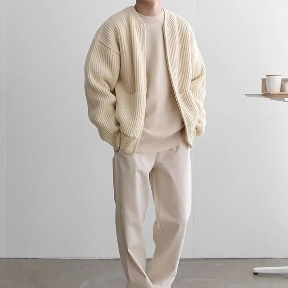 Mens collarless knitted sweater jacket with zipper pocket autumn 241206