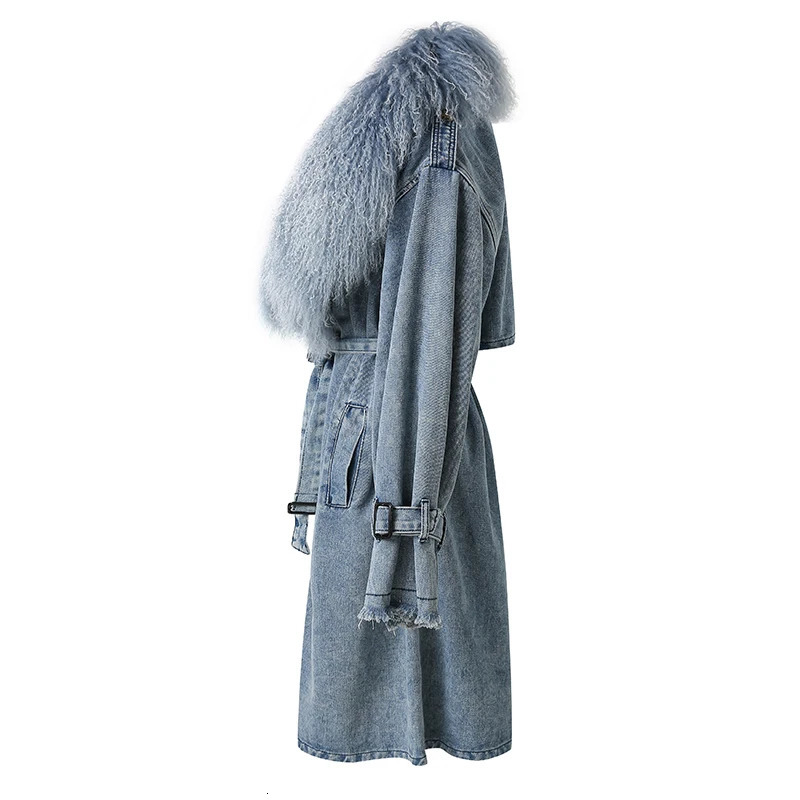 Womens Fashion Mongolian Fur Collar Denim Jacket Spring and Autumn Long Trench Coat with Detachable 241206