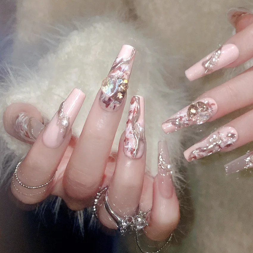 10PCS Hand-painted 3D embossed false nails advanced sparkling retro Fake nails 241206