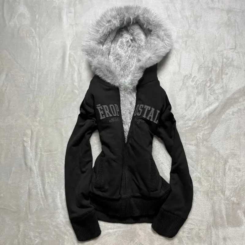 Vintage Strt Winter Coat Gothic Harajuku Trend Grey Thick Zipper Hoodie Womens Y2k Sportswear Slim Design Warm Jacket X241207