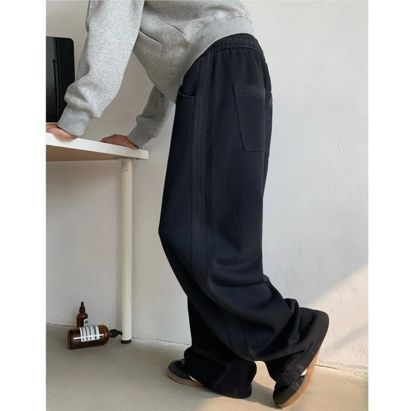 Winter mens tie dye wool casual pants side striped wide leg straight sports neutral highquality long pocket Trouser 241206