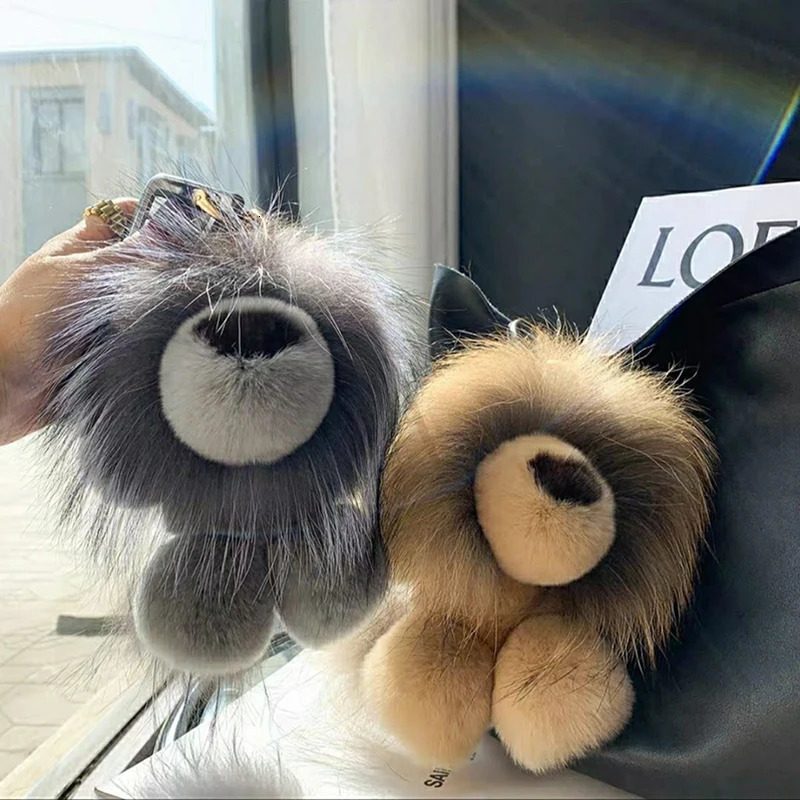real Rex rabbit fur lion pendant keychain cute plush doll toy for women childrens pavilion bag car keychain decoration birthday gift 241206