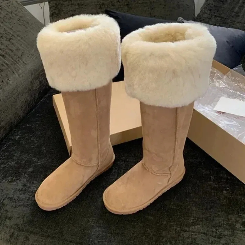 Cow velvet knee high snow boots with winter flat bottom womens shoes in 2024 round toe and smooth sole 241206