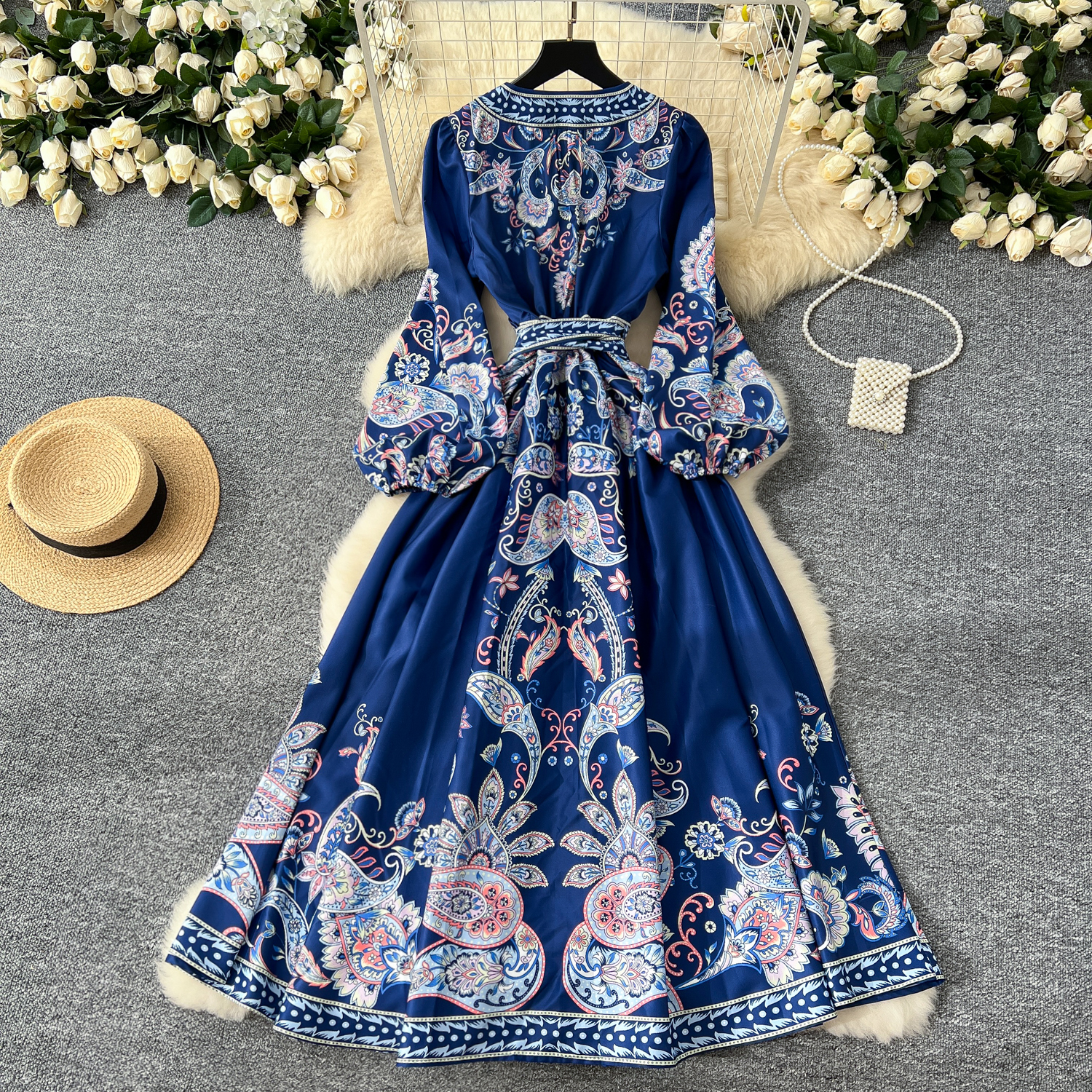 Casual Dresses Autumn Retro Bohemian Paisley Dress Holiday Cross V Neck Lantern Sleeve Vintage Print Bandage Lace Up Robe Vestidos Maxi Clothes 2025