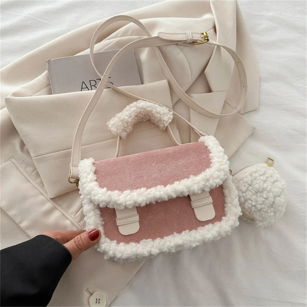 Fashion shoulder bag large capacity cross shaped bag suitable for womens handbags small square bag Sherpa bag round plush wallet 241205
