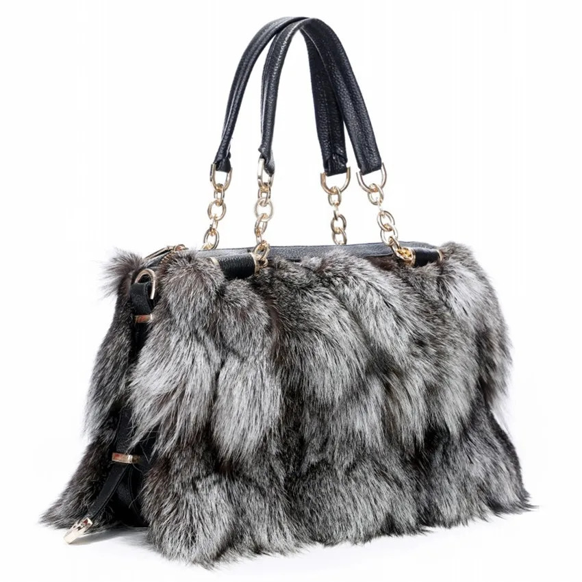 Womens Genuine Fur Shoulder Bag Natural Fluffy Fox Fur Cross Body Bag Womens Large Capacity Fashion Handbag 241205