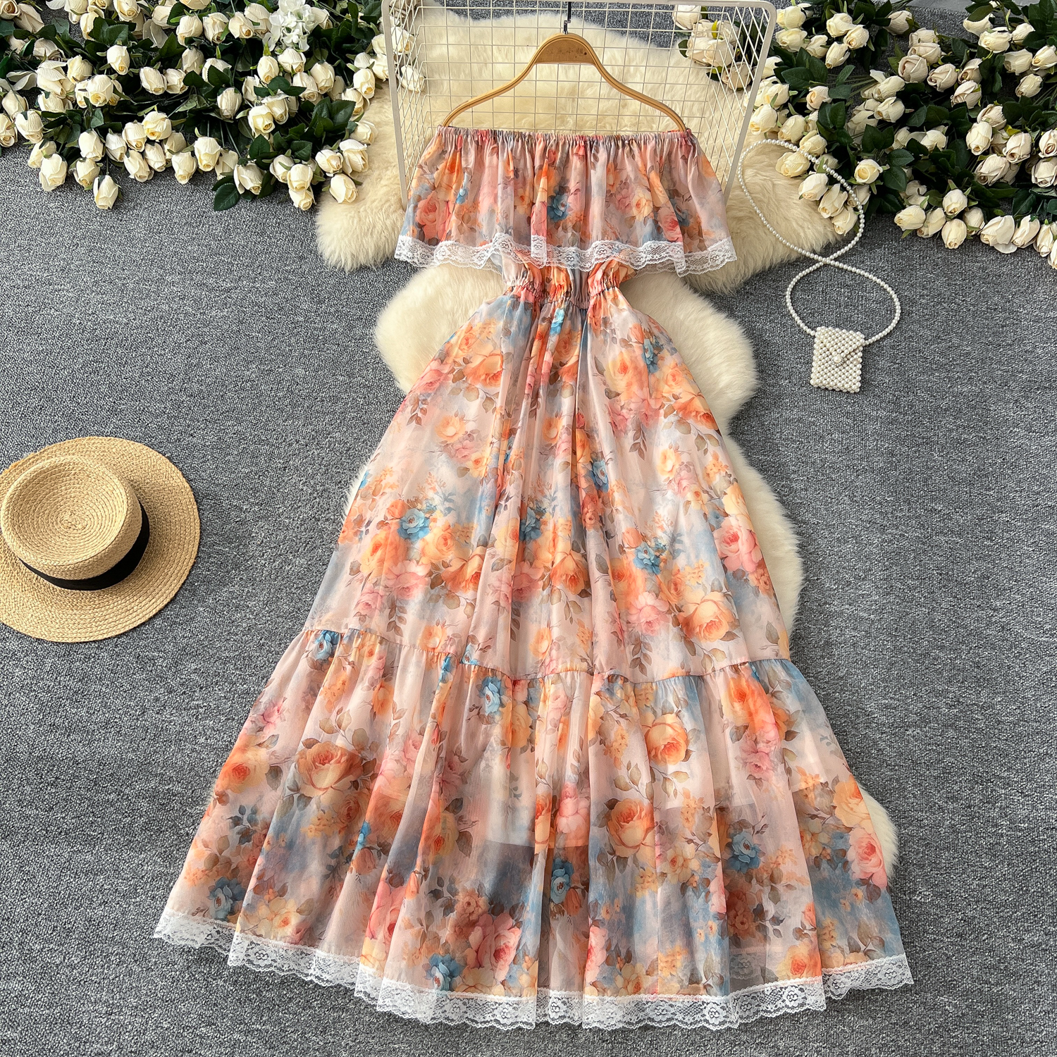Summer New Casual Dresses 2025 Summer Gorgeous Flower Chiffon Holiday Dress Womens Sexy Off Shoulder Floral Print Lace Trims Elastic Waist Maxi Vest