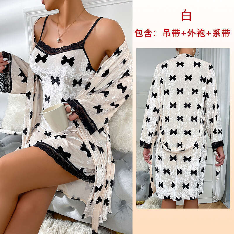 Feiyun autumn and winter velvet women's nightgown sexy suspender lace cardigan home wear bathrobe pajama set 492 2024 new style chic elegant clot