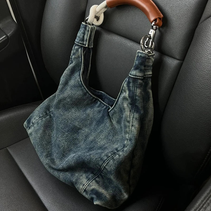 Vintage denim Y2k aesthetic handbag Korean fashion casual womens handbag fully matched fashion simple shoulder and lower arm bag 241205