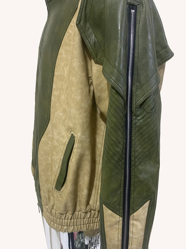 Blue and Black Legion Spring and Autumn Cool Windproof Color Block Pu Leather Jacket Mens Zipper er Runway Clothing 241205