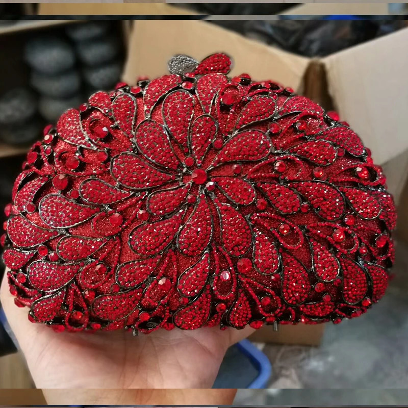 hot Crystal Evening Clutch Bag for Women - Green/Red Minaudiere, Full Stones, Bridal Wedding Purse