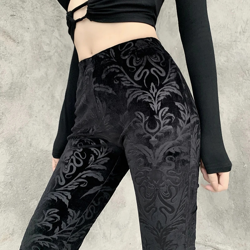 Womens Gothic style pants black glitter pants womens fashionable temperature velvet embossed n casual Trouser womens 241202