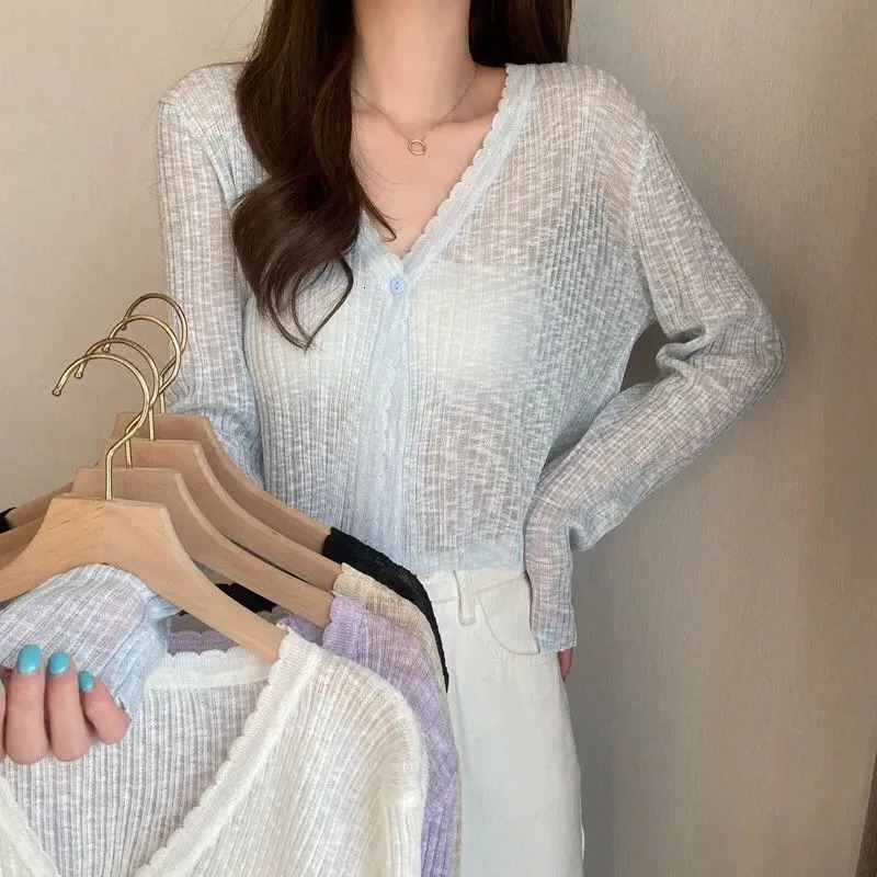 Womens Crooped Tops Korean long sleeved cardigan summer Vneck thin knitted sun protection sweater 241206