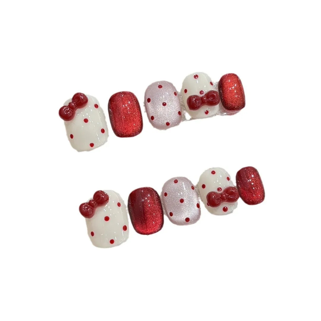 10pcs Handmade Short Cat Eye Dot Red Bow Removable Christmas Press on Nails Acrylic Cute Fake Nails Sweet False Nails for Hands 241206