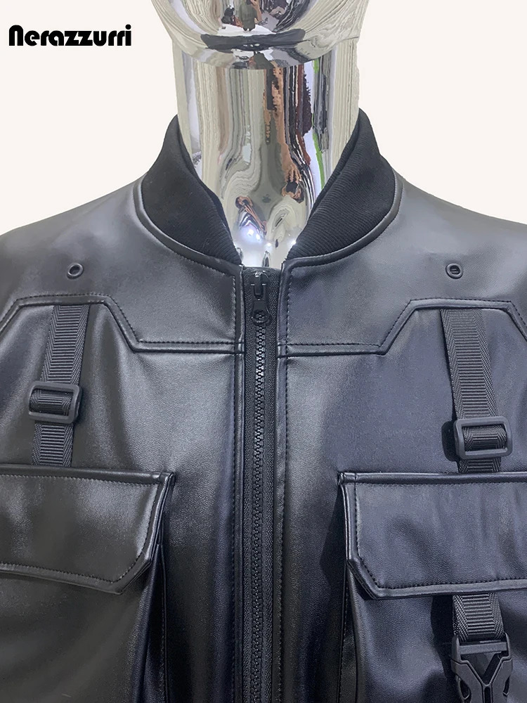 Sapphire autumn cool waterproof black Pu leather cargo Bommer Techwear mens jacket with multiple pockets European clothing 241205