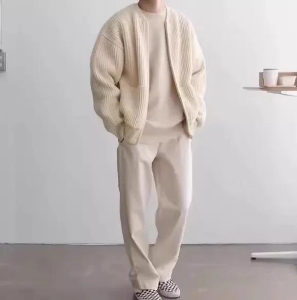 Mens Zipper Knitted Open Fleece Sweater Collar Jumping WPocket Jacket Comfortable All Seasons Soft Long Sleeve 241206