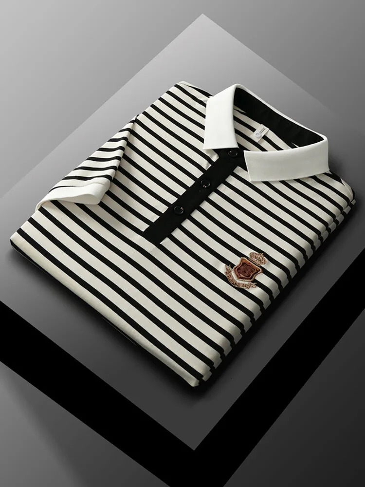 High end short sleeved polo shirt mens summer fashion personalized polo print striped breathable casual T-shirt 241206