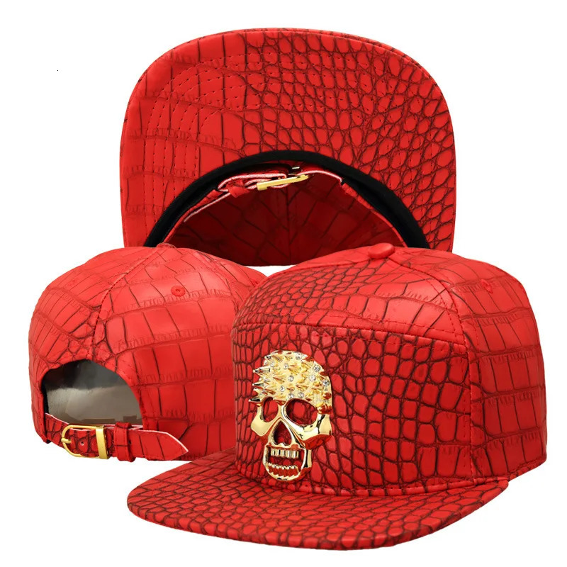 Hip hop rap 3D metal skull PU leather baseball cap casual unisex belt buckle mens black red gold fashion 241206