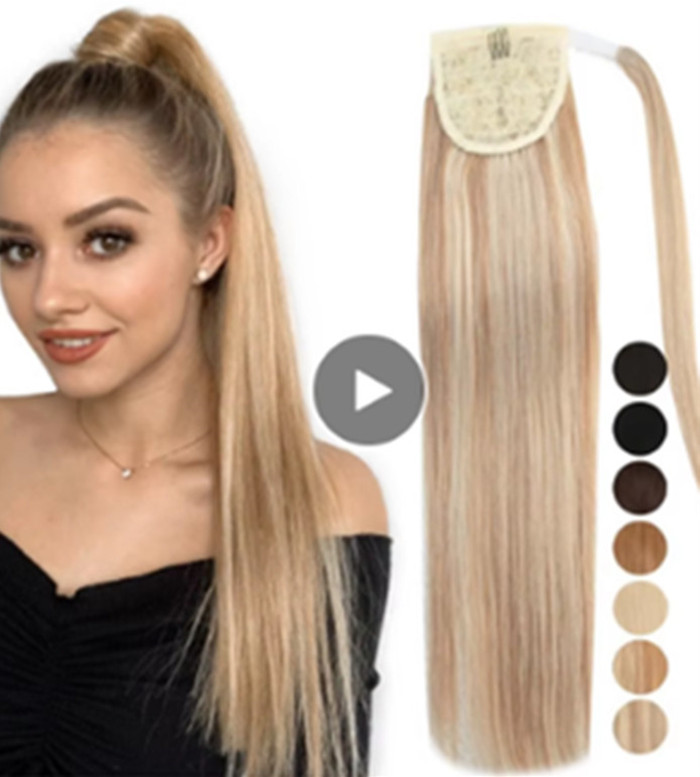 Ponytail Human Hair P18-613 Wrap Around Natural Real Hair Bonde Ponytail Hair Extension Straight pony tail hairpiece clips in 14 18 20 inch 100g