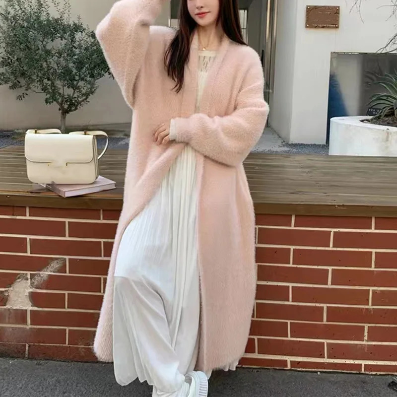 Long Cardigan for Women Clothes Knitted Fluffy Solid Sleeve Cashmere Sweater Coat Warm Autumn Winter Oversize 241203