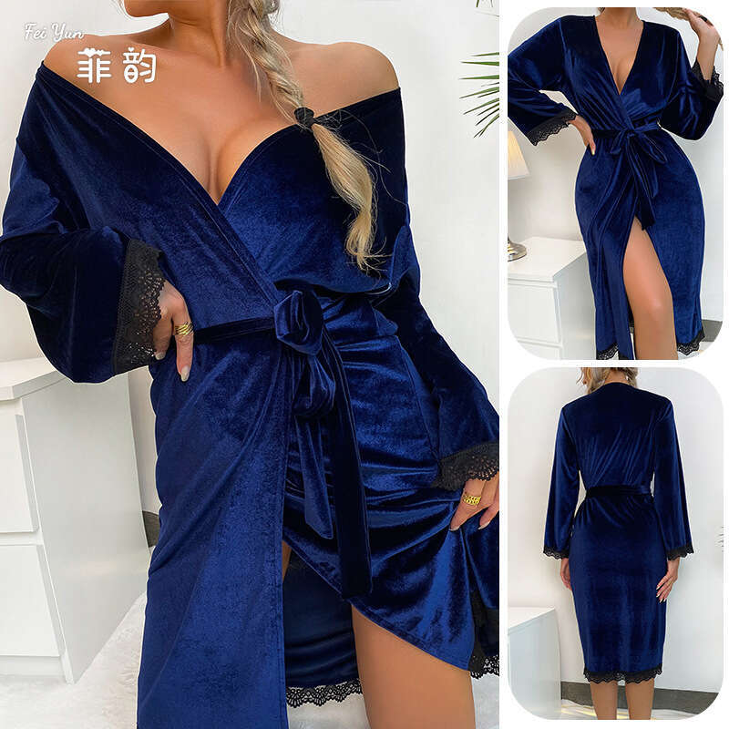 Sexy cardigan nightgown women's gold veet outer robe lace cuffs blue hotel coat wholesale 331 2024 new style chic elegant clothing