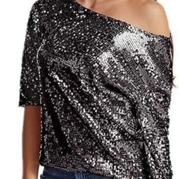European and American style loose slanted shoulder short sleeved casual sequin deep V-shirt 2024 temperament versatile new trendy clothing ins