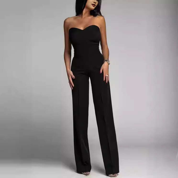 Spring summer women's European American sexy slim fit strapless straight leg jumpsuit 2024 new style chic and elegant clothing