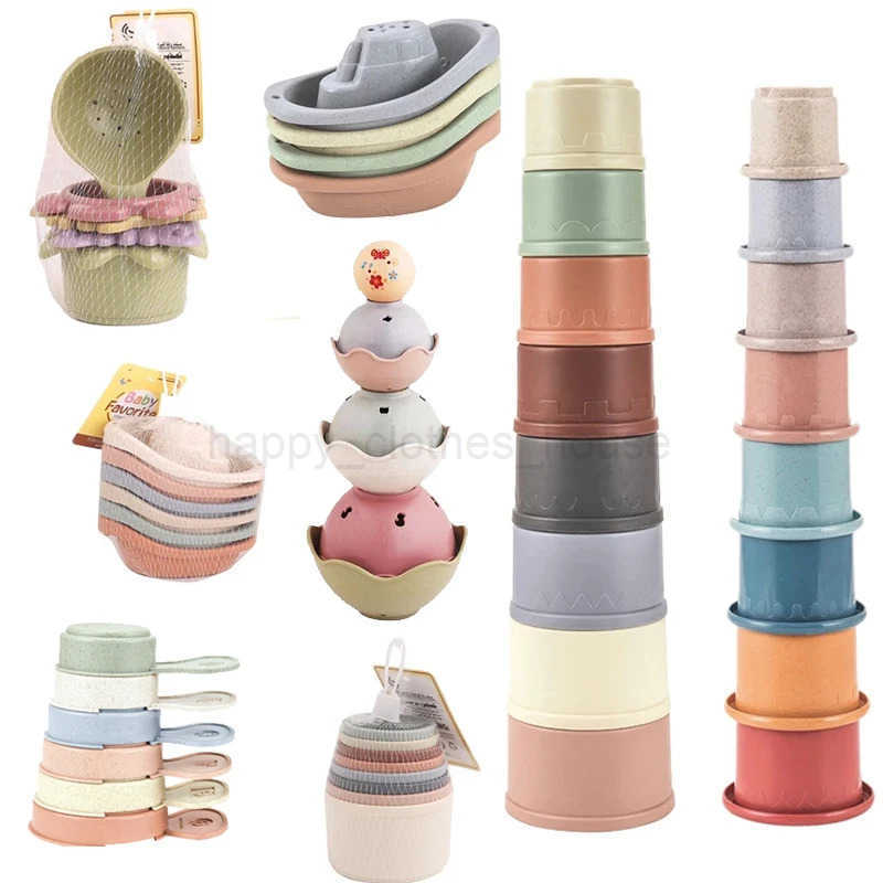 Baby Bath Toys Stacking Cup Toys Colorful Early Educational Baby Toys Boat-shaped Stacked Cup Rainbow Folding Tower Toys GiftXJ241207