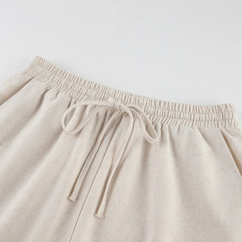 Cotton linen pants set khaki summer womens 2-piece fashionable lace top casual elastic waist loose pants set 241205
