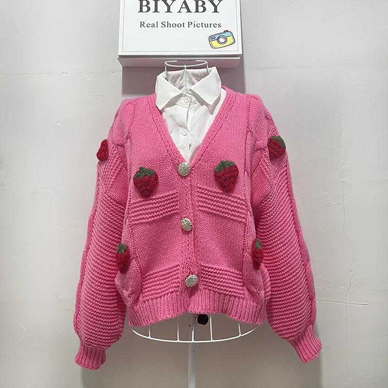 Korean fashion pink strawberry womens sweater autumnwinter long sleeved knitted cardigan single chest jacket 241206