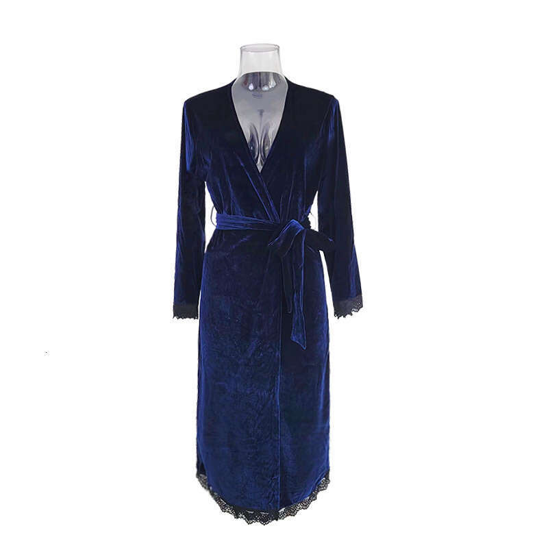 Sexy cardigan nightgown women's gold veet outer robe lace cuffs blue hotel coat wholesale 331 2024 new style chic elegant clothing