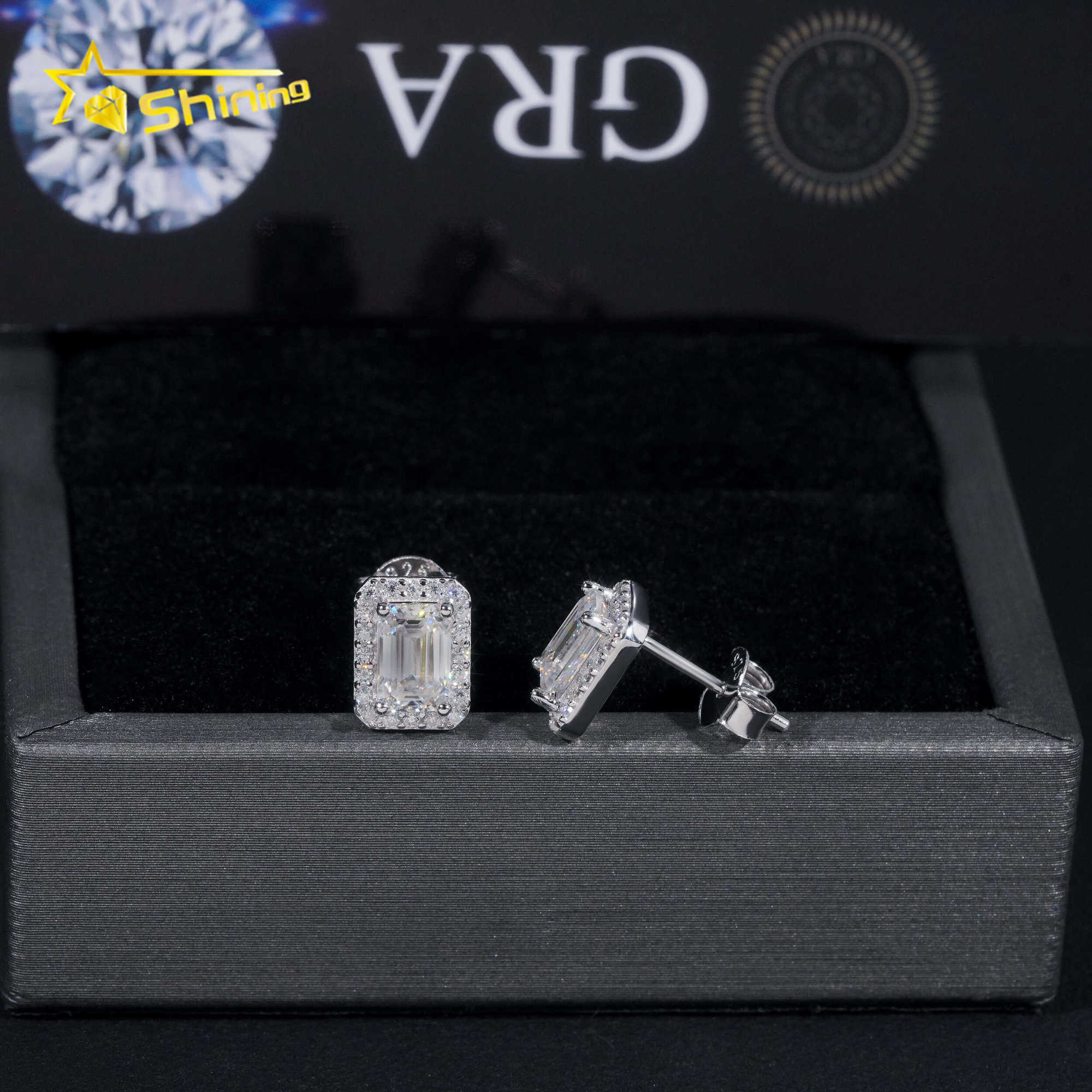 Emerald Cut Halo Earring Hip Hop Jewelry Iced Out VVS Diamond Moissanite White Gold Plated 925 Sterling Silver Stud Earrings