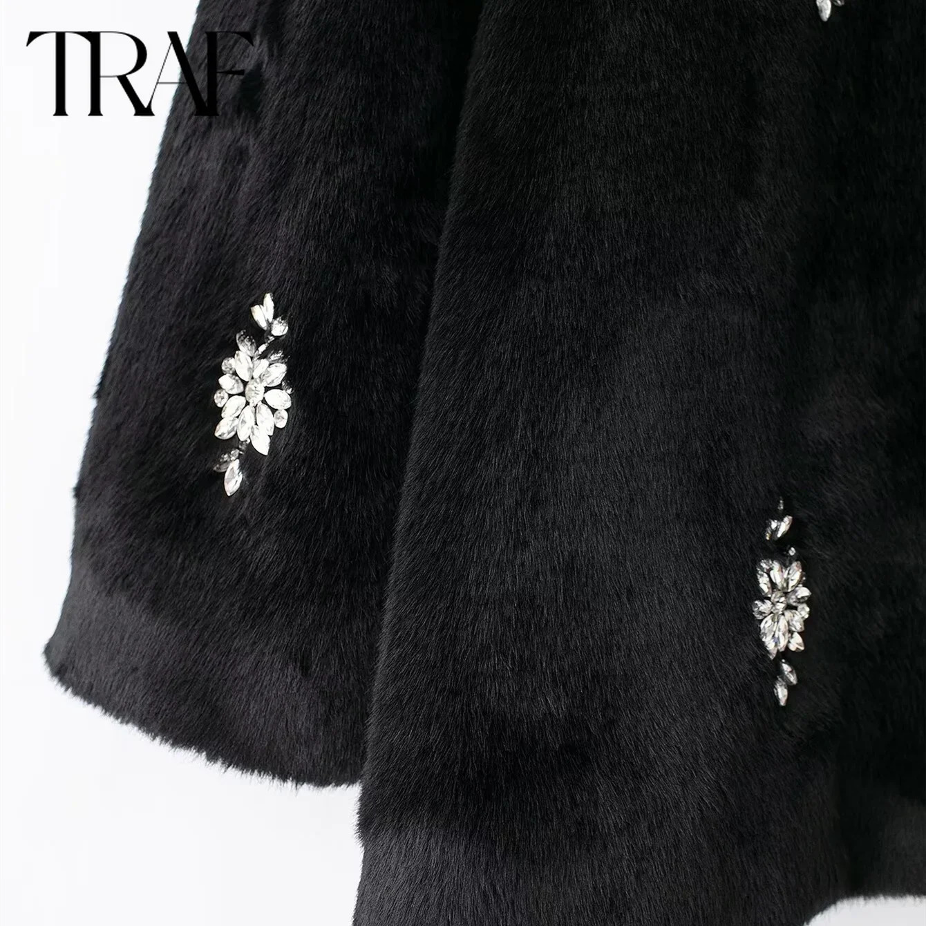 TRAF Womens Artificial Fur Coat Autumn/Winter Solid Long Sleeve Round Neck Fake Fur Warm Coat Fashion Womens Top 241202