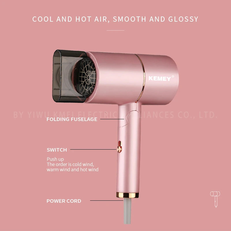 Kemei Professional Blow Dryer Negative Ion Smoother Hair Care Fast Drying Foldable Portable Pink Hair Dryer Home Travel Salon 241206