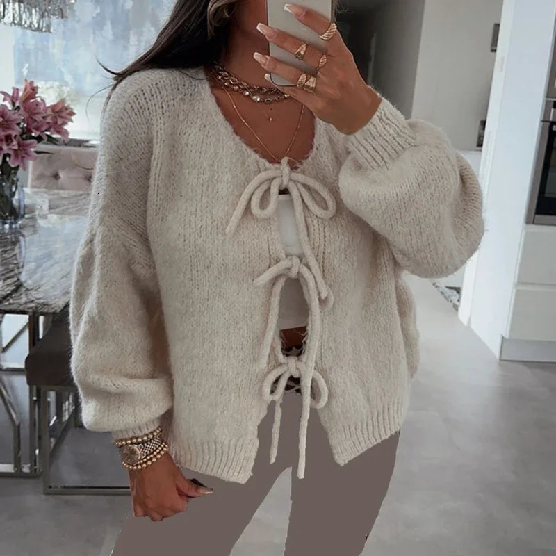 Elegant womens fashionable knitted sweater Y2K skydiving retro tie front cardigan autumn Vneck long sleeved loose knit 241206