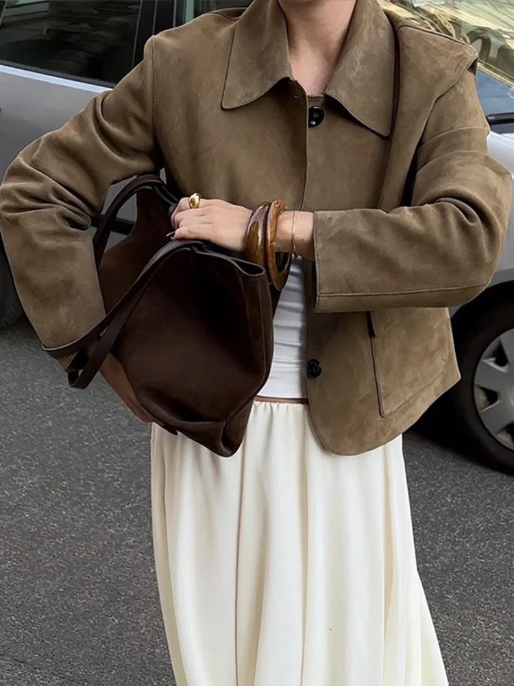 Retro Suede Jacket Elegant Single Breasted Lapel Brown Coats Female 2024 Autumn Winter Fashion Soft Pocket Outwears Lady 241205