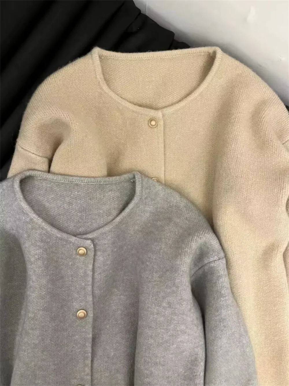 Korean Fashion Round Neck Knitted Cardigan Spring Autumn Casual Long Sleeve Loose Wool Womens Basic Coat Top 241206