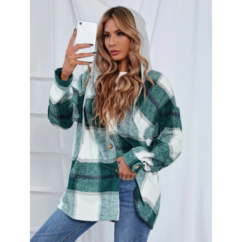 Cross Border Independent Station Flannel Plaid Hooded Woolen Coat for Women 241202