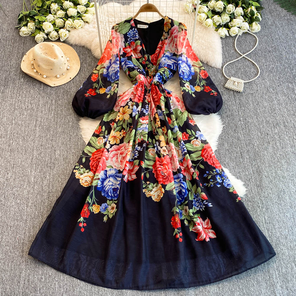Fashion Casual Dresses 2025 New Casual Elegant Boho Vacation Party Dresses Women's V-Neck Gorgeous Floral Print Long Lantern Sleeve Summer Maxi D