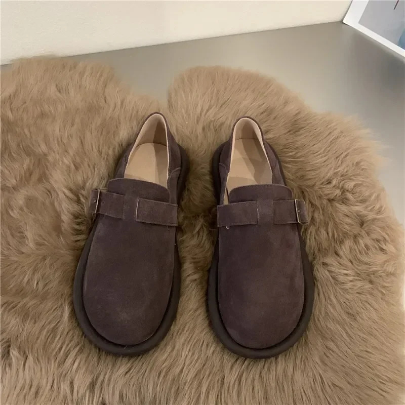 Womens Shoes Sen Series Khaki Flat Shoes French Retro Single Shoes Lefu Shoes Frosted Boken Shoes Autumn and Winter 241206